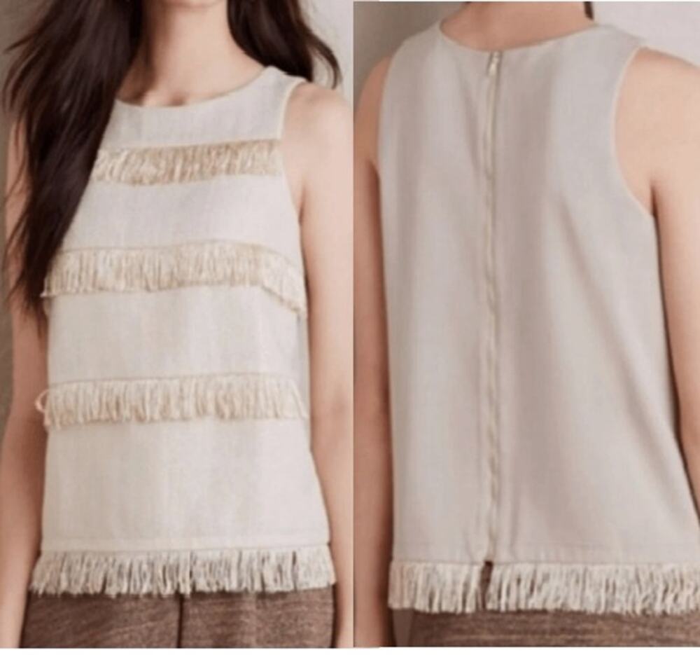 Sunday In Brooklyn Metallic Fringed Tank Top Womens Medium Gold Beige Sleeveless
